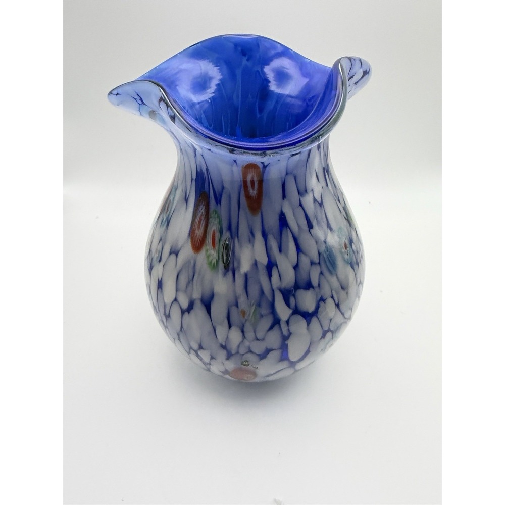 Hand Blown Art Glass Vase Blue & White Millefiori Confetti Vase 8"